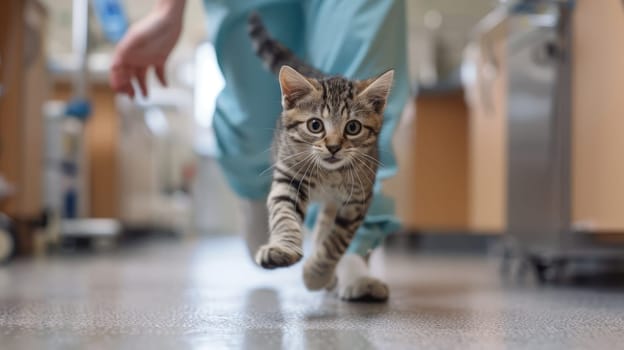 A cat running from a veterinarian in a pets hospital, Veterinarian with a Cat, Pet clinic.
