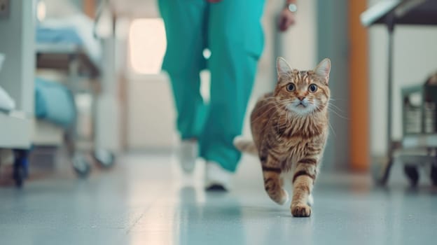 A cat running from a veterinarian in a pets hospital, Veterinarian with a Cat, Pet clinic.