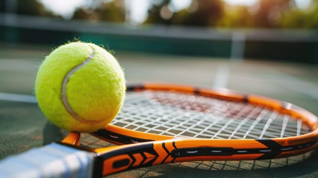 Tennis racket and tennis ball on tennis clay court with copy space for text, Sport and healthy lifestyle wallpaper or background.