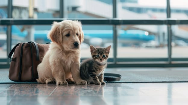 A cat and a dog are seated by luggage in the airport waiting area, Concept of traveling with pets.