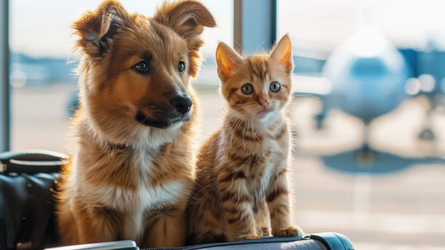 A dog and a cat are sitting on a bench in an airport waiting for their flight.
