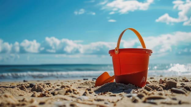 An orange bucket and shovel are resting on the sandy beach, surrounded by azure water and a clear sky in a coastal ecoregion. A perfect spot for leisure and travel in this natural coastal landscape AIG50