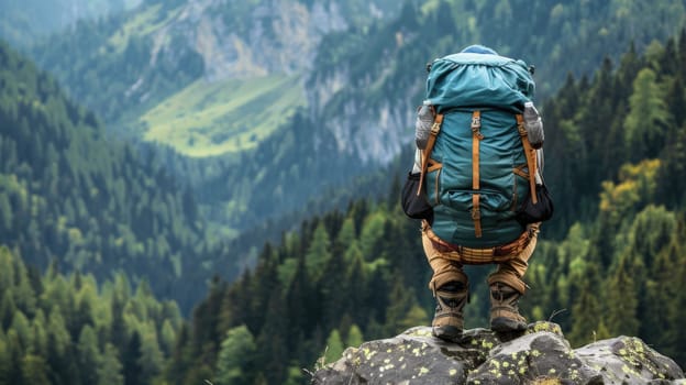 A backpack stands on a rock against a background of forest and mountains.