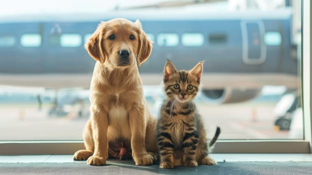 A cat and a dog are seated by luggage in the airport waiting area, Concept of traveling with pets.