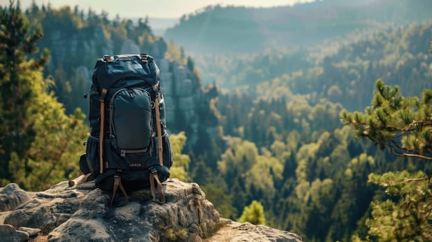 A backpack stands on a rock against a background of forest and mountains.