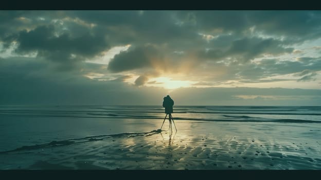 A camera is perched on a tripod, capturing the fluidity of water meeting the sky at the beach. Clouds dance across the horizon, creating a stunning landscape against the backdrop of this serene event AIG50