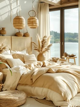 Contemporary bedroom with coastal view.