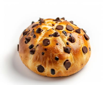 Round brioche bread with chocolate chips isolated on white background.