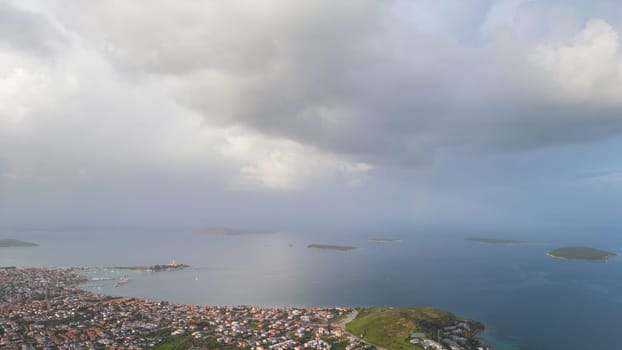 Urla Cesmealti aerial view with drone. Turkey's touristic seaside town in the Aegean. Urla , Cesmealti. High quality photo