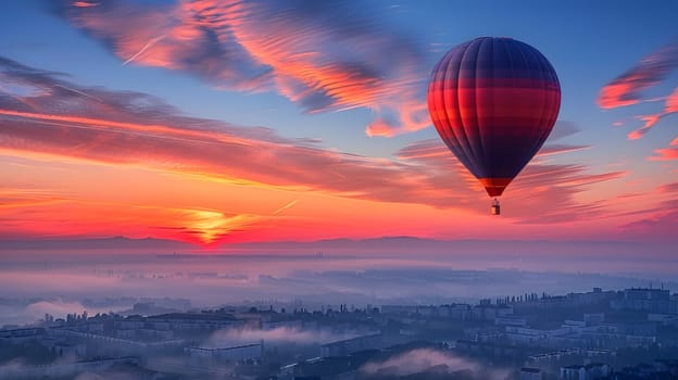 A hot air balloon drifts over a misty valley at dusk, surrounded by a serene natural landscape. The sky is painted blue and golden by the setting sun