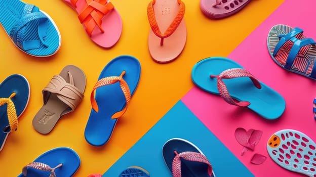 There is a variety of shoes and sandals displayed on a colorful background, including walking shoes, outdoor shoes, and electric blue and orange sandals. The vibrant display is like a work of art AIG50