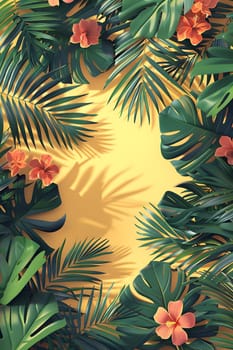 A tropical pattern featuring branches, leaves, and flowers of terrestrial plants such as palm trees, on a yellow background. The vegetation includes woody evergreen plants from the Arecales order