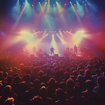 An artist playing guitar on stage at a concert, under the bright lights and visual effects, entertaining a crowd with live music performance