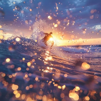A person is happily riding a wave on a surfboard in the liquid world of the ocean, surrounded by the vast sky and majestic astronomical objects AIG50