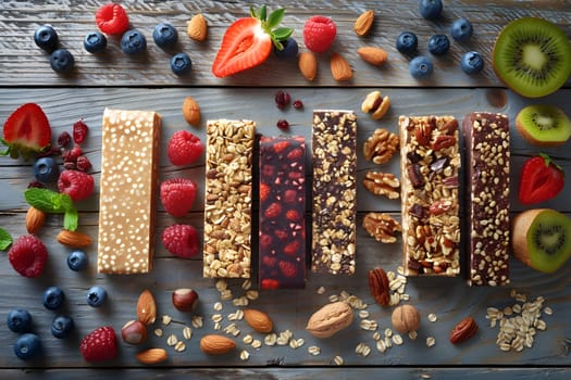 A creative arts display showcasing a collection of granola bars surrounded by fresh berries and nuts on a rectangular wooden table, a fusion of cuisine, sweetness, and art