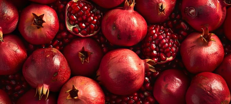 A stack of vibrant magenta pomegranates are beautifully displayed as a natural food ornament on a table, perfect for Christmas decoration