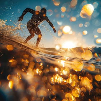 A person is happily riding a wave on a surfboard in the liquid world of the ocean, surrounded by the vast sky and majestic astronomical objects AIG50
