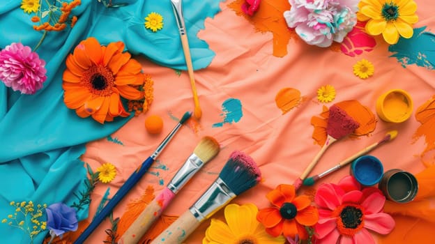 A variety of fabrics and flowers, including electric blue petals and roses, are arranged on a table alongside fictional characters and fractal art AIG50