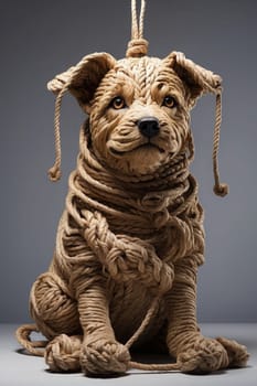 Cute dog made of rope on grey background. Studio shot. Generative AI.