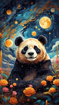 Illustration of a panda in the forest at night with full moon. Generative AI.