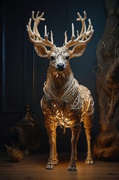 Deer with ligh lamp ropes statue, 3d illustration. Generative AI.