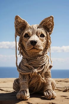 Studio portrait of a cute purebred dog made of ropes on sky background. Generative AI.