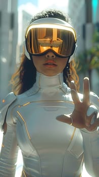 A woman in an electric blue futuristic suit is wearing goggles, a virtual reality headset, and vision care eyewear for personal protection