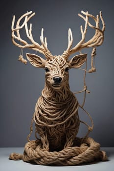 Deer made of rope on a grey background. 3d rendering of reindeer made of ropes. Generative AI.