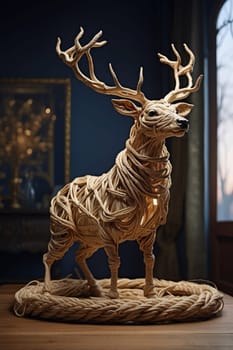 Decorative wooden deer with ropes on the background of the interior of the room. Generative AI.