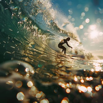 A person is happily riding a wave on a surfboard in the liquid world of the ocean, surrounded by the vast sky and majestic astronomical objects AIG50