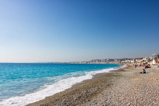 View of the beach in Nice, France, near the Promenade des Anglais