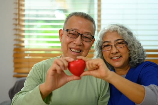 Smiling senior male patient and general practitioner holding red heart. Healthcare concept.