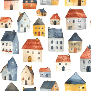 A creative watercolor pattern featuring houses, roofs, and architectural lines on a white background. This artistic design is perfect for property or buildingrelated products