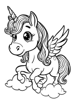 A monochromatic cartoon of a unicorn with wings, perched on a cloud. The mythical creatures head, nose, jaw, ears, and vertebrate are welldefined, showcasing a peaceful gesture