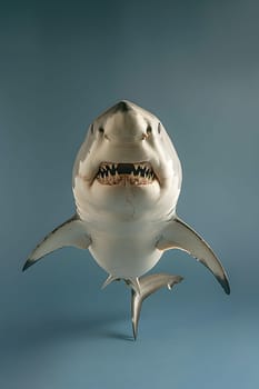 A Requiem shark from the Carcharhiniformes order, with its jaw open, is smiling at the camera under the water, showing its Lamniformes features like the fin