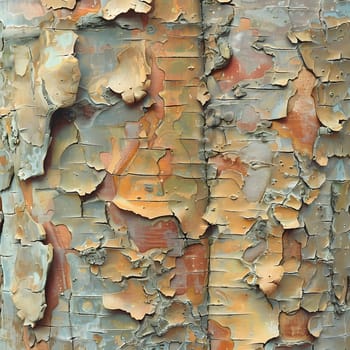 Detailed closeup of a brown brick wall with peeling paint, showcasing the unique patterns created by the combination of wood and rock building materials