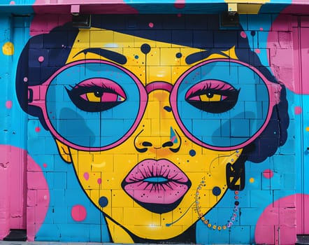 A vibrant graffiti painting of a stylish woman in sunglasses, painted in magenta tones on a rectangular canvas, showcasing the beauty of visual arts