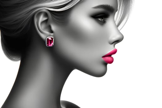 black and white profile of a blonde, lips and bright pink earring.