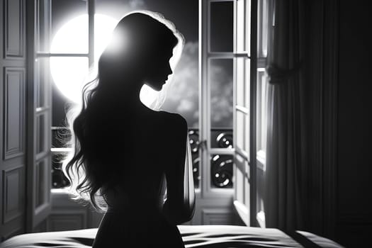 Silhouette of a slender girl with long hair near the window against the backdrop of the full moon.