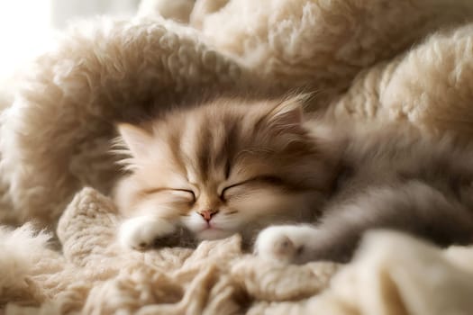 small fluffy kitten sleeps in a soft light blanket, portrait