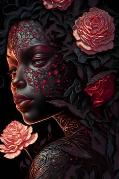 A vibrant and enchanting flower woman blooms against a captivating black backdrop, radiating beauty and vitality.