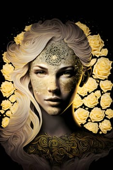 A vibrant and enchanting flower woman blooms against a captivating black backdrop, radiating beauty and vitality.