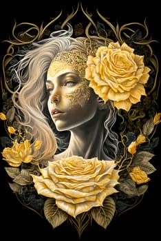 A vibrant and enchanting flower woman blooms against a captivating black backdrop, radiating beauty and vitality.