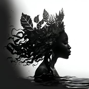 Vector illustration of a women in the water in black silhouette against a clean white background, capturing graceful forms.