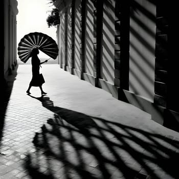 Vector illustration of a women with a fan in black silhouette against a clean white background, capturing graceful forms.