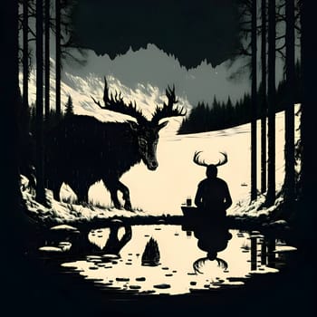 Vector illustration of a man and the big deer in black silhouette against a clean white background, capturing graceful forms.