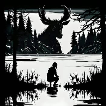 Vector illustration of a man and the big deer in black silhouette against a clean white background, capturing graceful forms.