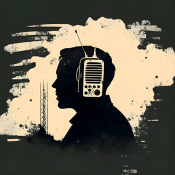 Vector illustration of a man with a radio in black silhouette against a clean white background, capturing graceful forms.