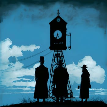 Vector illustration of a three men and a clock in black silhouette against a clean blue background, capturing graceful forms.