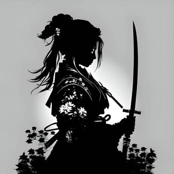 Vector illustration of a girl with a sword in black silhouette against a clean grey background, capturing graceful forms.